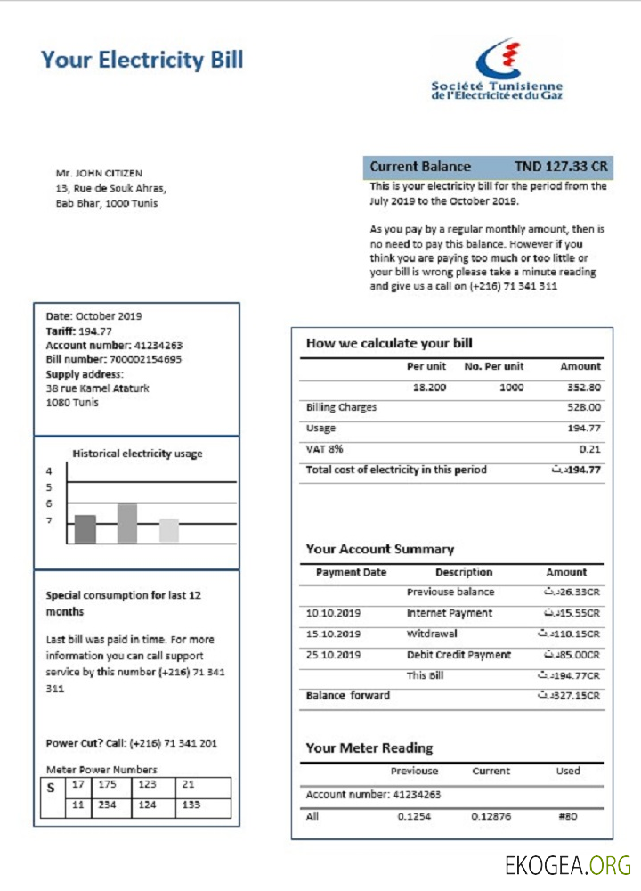 Tunisia electricity proof of address utility bill template in Word and PDF format